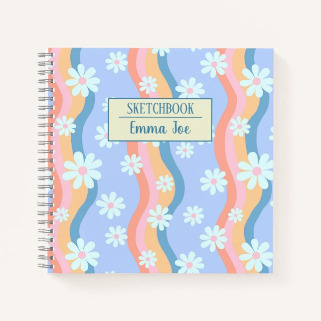 Cuaderno Flores de margarita retro onduladas personalizadas (Anverso)