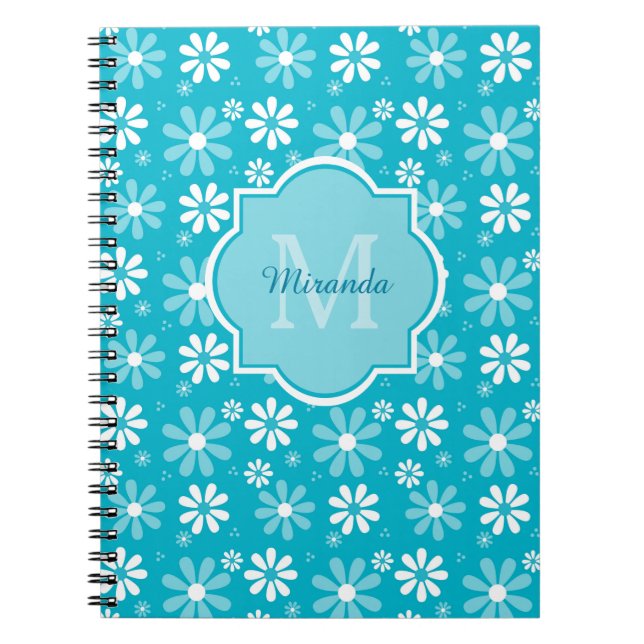 Cuaderno Flores de margarita turquesa monograma con nombre (Frente)