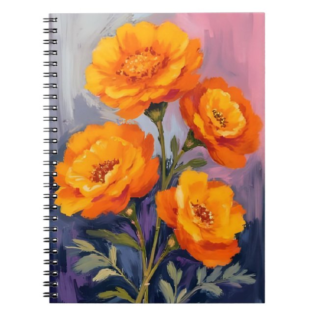 Cuaderno Flores de Marigold Naranja Pintura Floral Acuarela (Frente)
