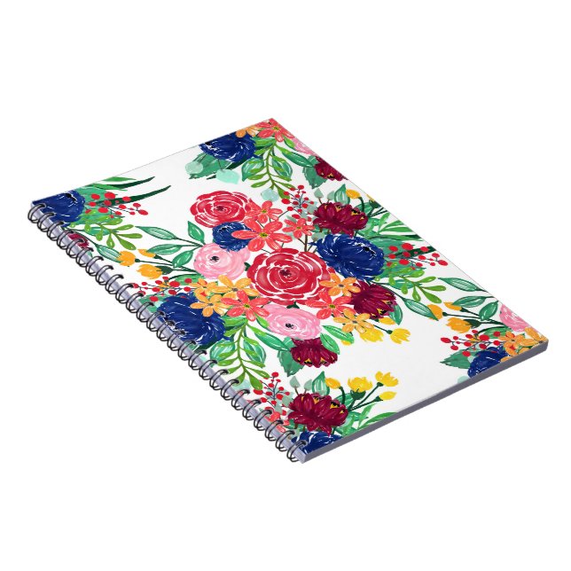 Cuaderno Flores de moda de boho azul y rojo de la Marina (Lado Derecho)
