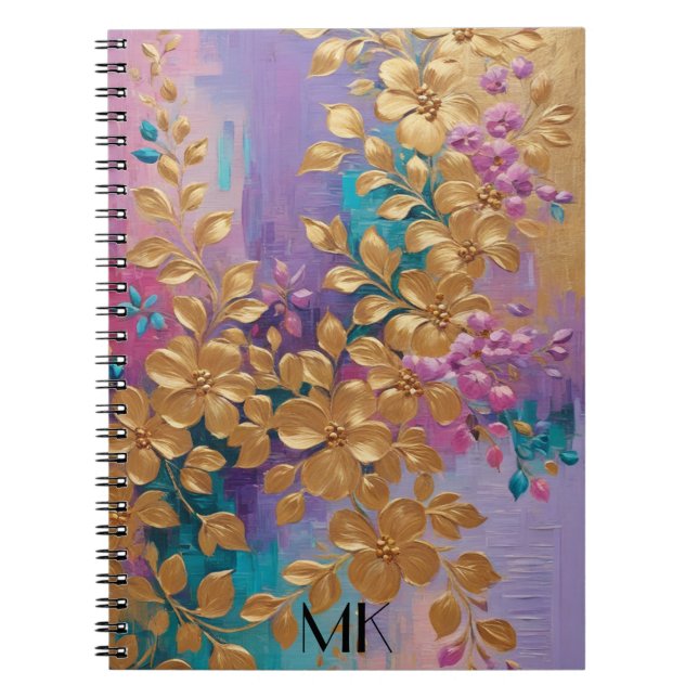 Cuaderno Flores De Oro Pintadas En Turquesa Lilac Rosa (Frente)