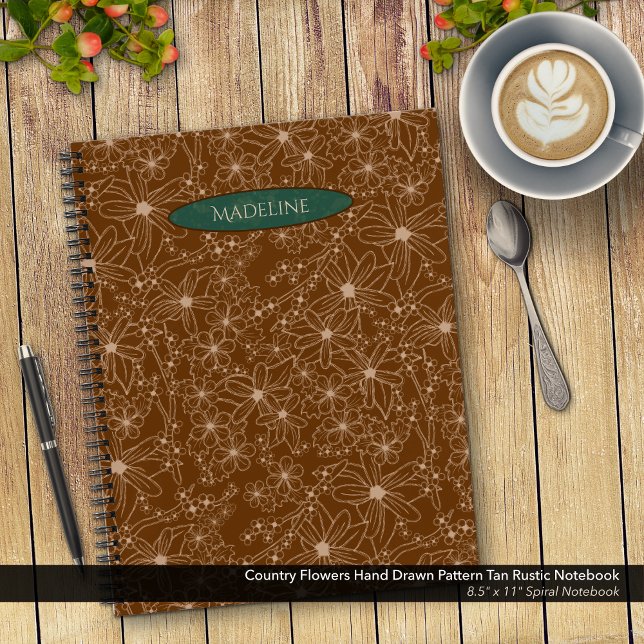 Cuaderno Flores de país patrón dibujado a mano Rústico marr (Country Flowers Hand Drawn Pattern Brown Rustic Notebook: 8.5"x11" Spiral Notebook with Green Name)