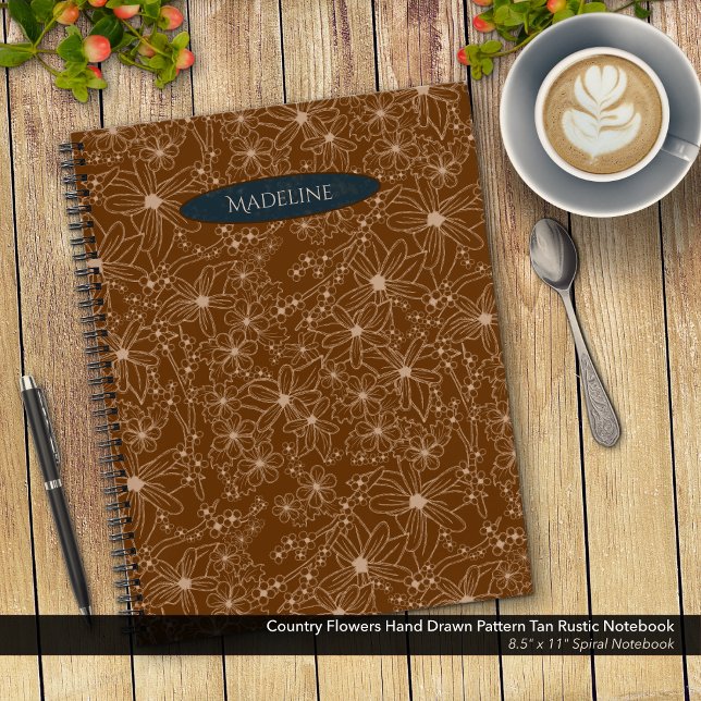 Cuaderno Flores de país patrón dibujado a mano Rústico marr (Country Flowers Hand Drawn Pattern Brown Rustic Notebook: 8.5"x11" Spiral Notebook with Blue Name)