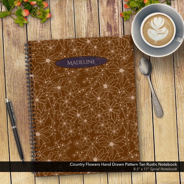 Cuaderno Flores de país patrón dibujado a mano Rústico marr (Country Flowers Hand Drawn Pattern Brown Rustic Notebook: 8.5"x11" Spiral Notebook with Purple Name)