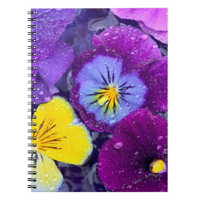 Cuaderno Flores de pensamiento flotando en baño de pájaros  (Frente)