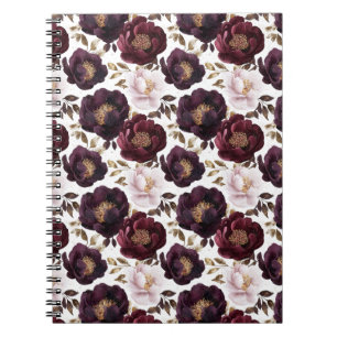 Cuaderno flores de peonías burdeos con purpurina de oro