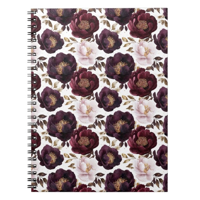 Cuaderno flores de peonías burdeos con purpurina de oro (Frente)