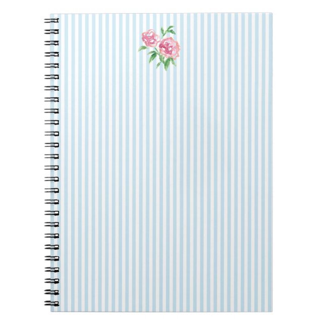 Cuaderno Flores de peonías rosadas Preppy raya azul (Frente)