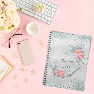 Cuaderno Flores de plata purpurina verde destellos nombre
