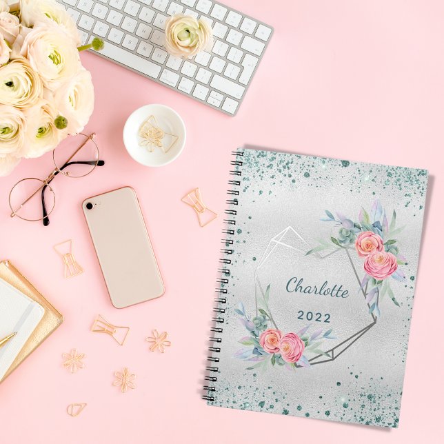 Cuaderno Flores de plata purpurina verde destellos nombre (Subido por el creador)