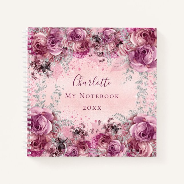 Cuaderno Flores de plata rosa nombre guión elegante (Anverso)