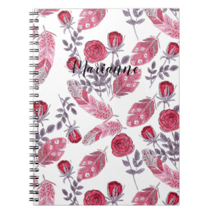 Cuaderno Flores de plumas rojas dibujadas en color de agua