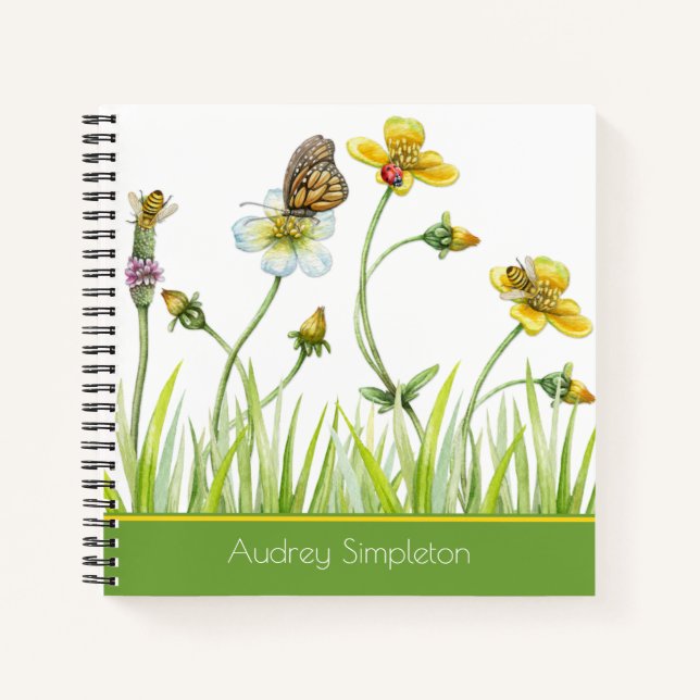 Cuaderno Flores de pradera de jardín mariposas abejas cuadr (Anverso)