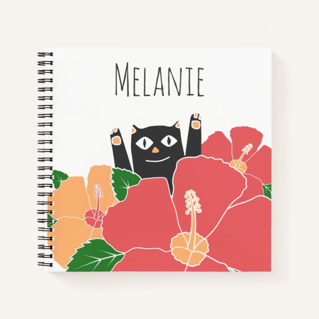Cuaderno Flores de primavera de gato feliz lindo personaliz (Anverso)