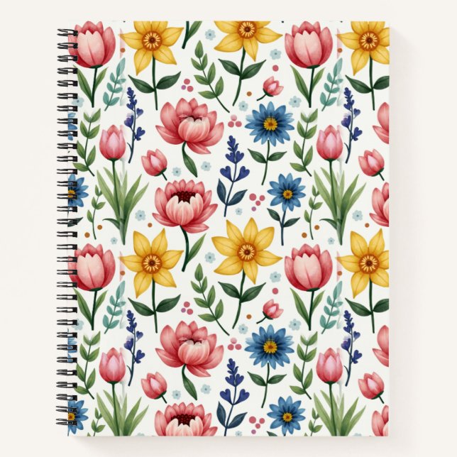 Cuaderno Flores de primavera en rosa azul y amarillo (Anverso)