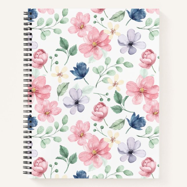Cuaderno Flores de primavera y patrón de hojas (Anverso)