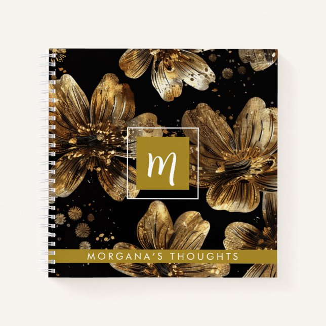 Cuaderno Flores de Purpurina de Oro de Lujo Monograma Cuadr (Anverso)