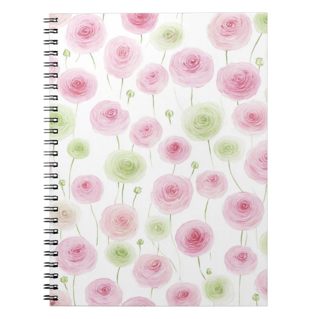 Cuaderno Flores de ranúnculo de menta rosa (Frente)