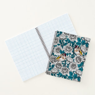 Cuaderno Flores de rosa blanca y pájaros dorados