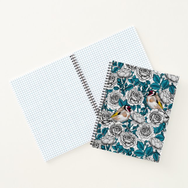Cuaderno Flores de rosa blanca y pájaros dorados (Interior)