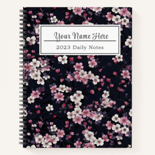 Cuaderno Flores de Sakura rosada negra, diseño de patrones,