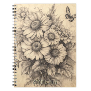 Cuaderno Flores de sol y mariposa - Papel de edad rústica