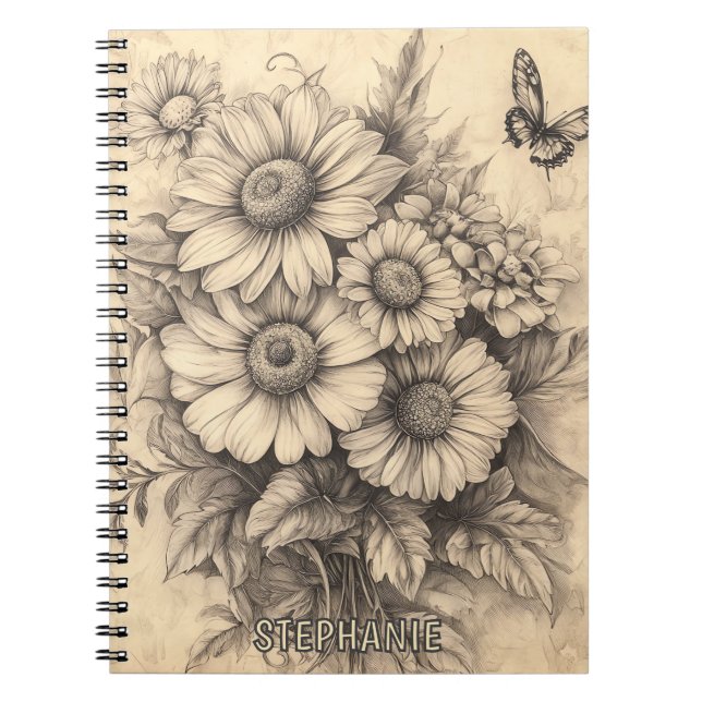 Cuaderno Flores de sol y mariposa - Papel de edad rústica (Frente)
