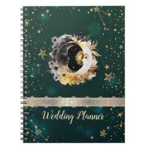 Cuaderno Flores del sol y la luna celestes estrellas verde