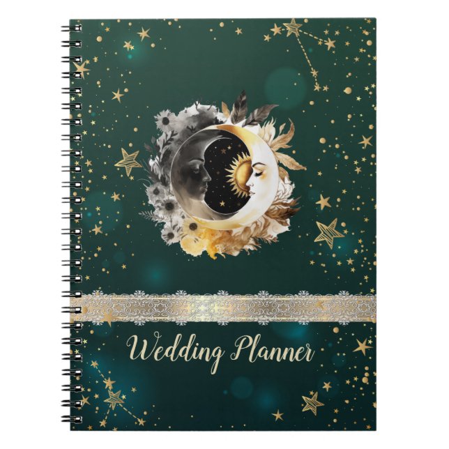 Cuaderno Flores del sol y la luna celestes estrellas verde (Frente)