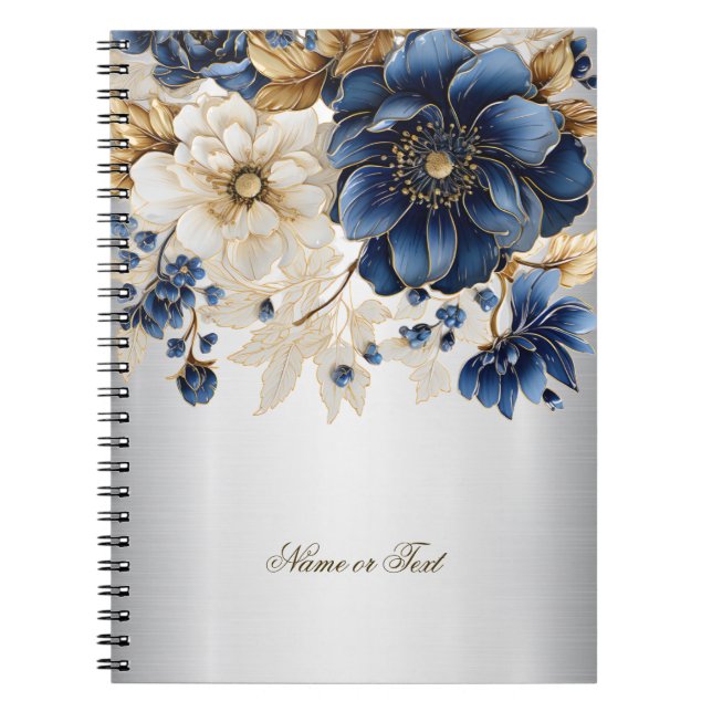 Cuaderno Flores doradas blancas azul marino plateado (Frente)