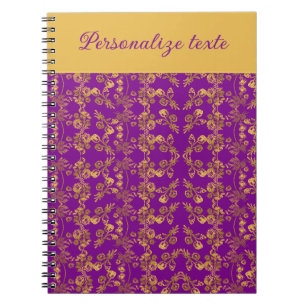 Cuaderno Flores doradas chic patrón púrpura personalizado