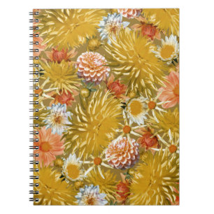 Cuaderno Flores doradas de dalia, diseño floral vintage.
