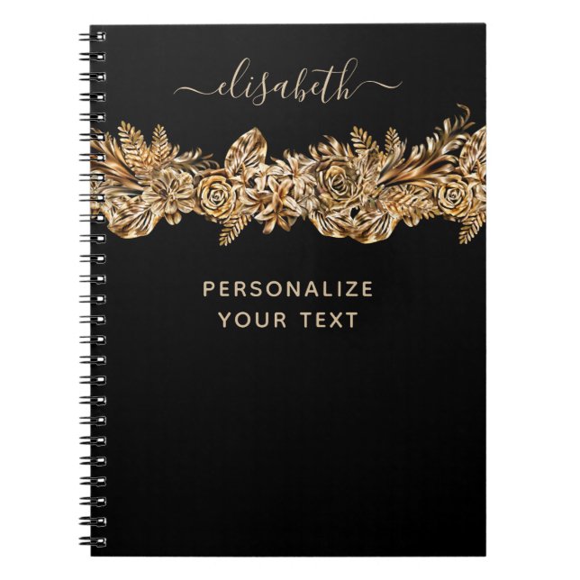 Cuaderno Flores doradas de lujo Moda elegante negro (Frente)