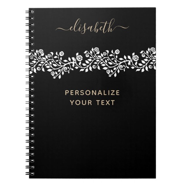 Cuaderno Flores doradas de lujo Moda elegante negro (Frente)