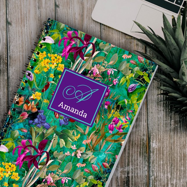 Cuaderno Flores dulces hojas modelo de monograma turquesa (Subido por el creador)