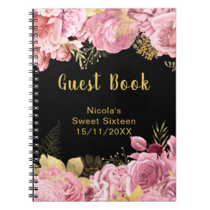 Cuaderno Flores Elegantes Rosa y Dorado Cumpleaños Dieciséi