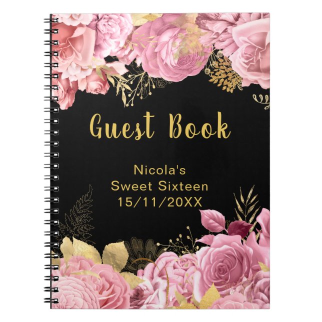 Cuaderno Flores Elegantes Rosa y Dorado Cumpleaños Dieciséi (Frente)