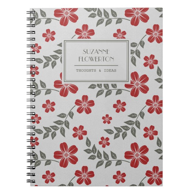 Cuaderno Flores elegantes y hojas grises rojas (Frente)