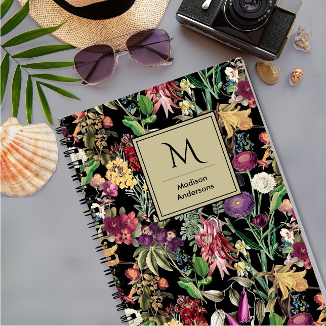 Cuaderno Flores elegantes y hojas patrón floral negro (Subido por el creador)