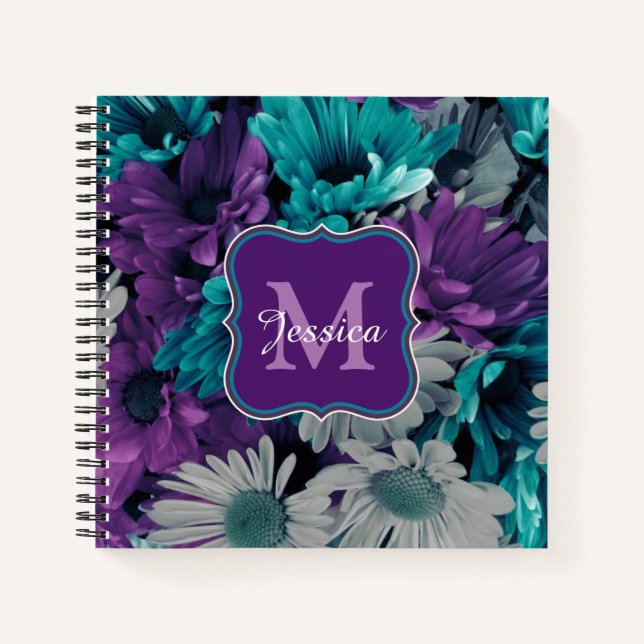 Cuaderno Flores elegantes y personalizadas moradas y azules (Anverso)