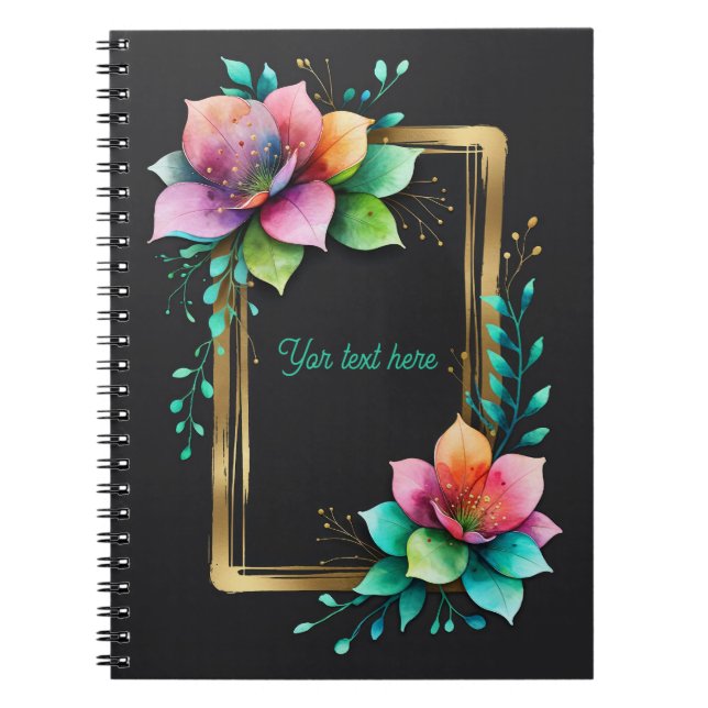 Cuaderno Flores en acuarela - Marco dorado 34 + tu texto (Frente)