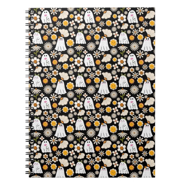 Cuaderno Flores Fantasmales Retro Patrón Continuo de Hallow (Frente)