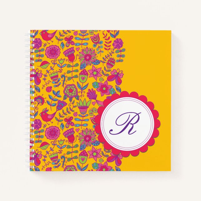 Cuaderno Flores florales Retro Brillantes con Monograma (Anverso)