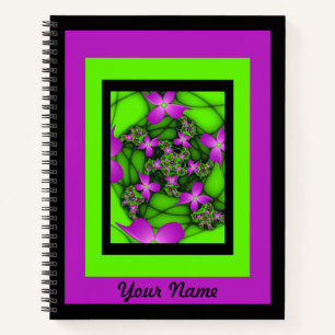 Cuaderno Flores fractales abstractas modernas rosadas verde