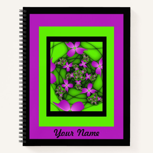 Cuaderno Flores fractales abstractas modernas rosadas verde (Anverso)