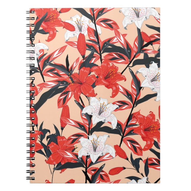 Cuaderno Flores lirio rojas y blancas sin costura (Frente)