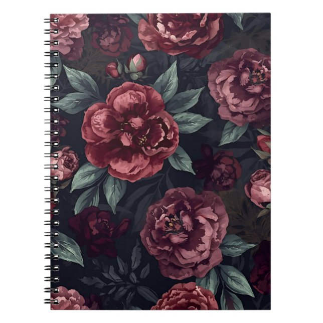 Cuaderno Flores Malhumoradas Patrón de Acuarela Rojo Oscuro (Frente)