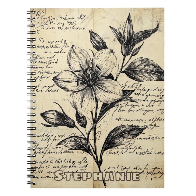 Cuaderno Flores Marrón Antiguo Caligrafía Pergamino (Frente)