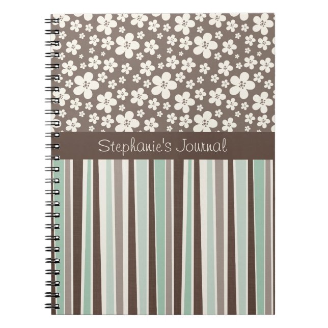 Cuaderno Flores marrones y rayas portátiles personalizados (Frente)