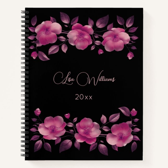 Cuaderno Flores metálicas rosadas 3D sobre fondo negro (Anverso)